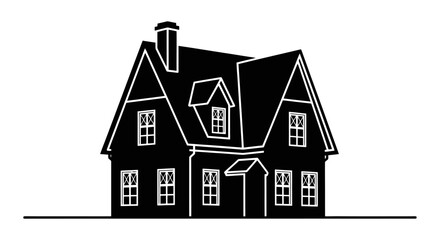 Black and white house silhouette, showcasing classic architectural style, ideal for real estate listings, architectural designs, or creative design projects.