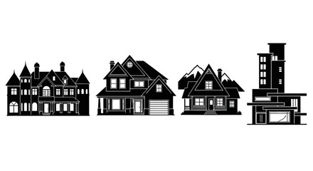 Diverse Silhouette Collection of Houses for Real Estate, Architecture, and Construction Projects, Promoting Home Ownership and Investment Opportunities