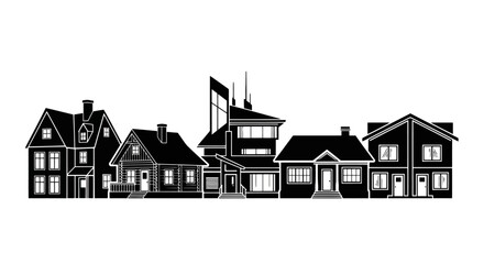 Silhouette Illustration of Suburban Houses for Architectural Visualization, City Planning, Real Estate Development, and Urban Design Projects