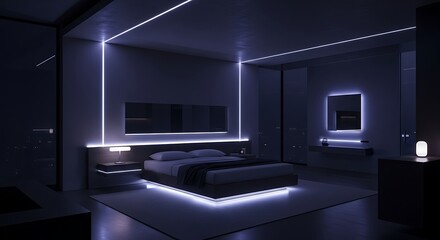 Sophisticated modern bedroom design featuring ambient purple and blue LED strip lighting, creating a futuristic and luxurious atmosphere for high-tech living