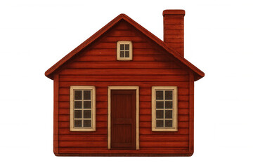 Rustic red wooden house with chimney and windows, isolated on a transparent background, showcasing classic architectural design