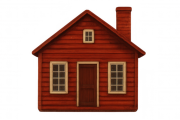 Rustic red wooden house with chimney and windows, isolated on a transparent background, showcasing classic architectural design