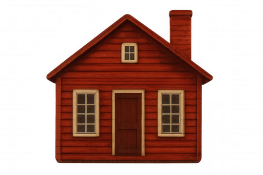 Rustic red wooden house with chimney and windows, isolated on a transparent background, showcasing classic architectural design