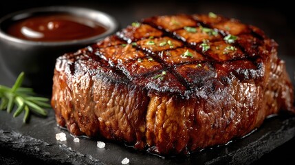 Grilled Steak with Sauce and Rosemary