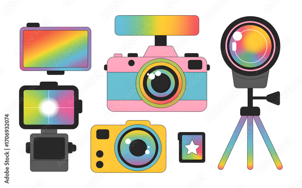 Poster whimsical camera collection a vibrant array of photography tools with rainbow accents for creative p