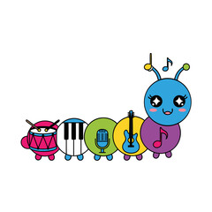A colorful caterpillar vector illustration with musical instruments and a fun cartoon character. 
             The caterpillar is composed of different segments each featuring a