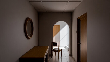 Minimalist 3D render of a quiet interior corner with chair, wooden furniture, and natural light through an archway. Perfect for concepts of solitude, design, or architectural art.
