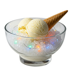 Delicious vanilla ice cream scoops in a glass bowl with colorful lights isolated on transparent background