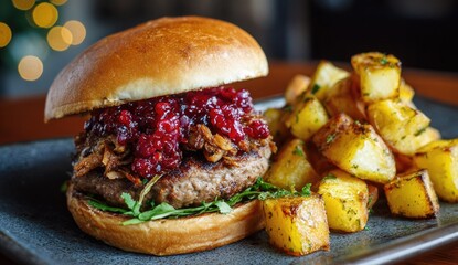 Gourmet Burger and Roasted Potatoes on a Plate