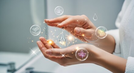Wellness and beauty concept with woman's hands holding a magical water drop surrounded by icons of pure, natural, and gentle skincare ingredients