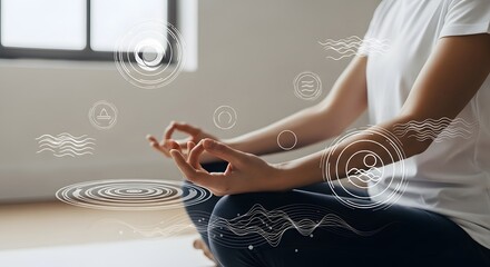 A person practices mindful meditation in a lotus pose, with hands in a mudra, surrounded by digital graphics of energy waves and circles for spiritual balance