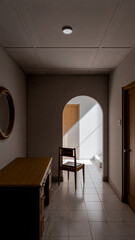 Minimalist 3D render of a quiet interior corner with chair, wooden furniture, and natural light through an archway. Perfect for concepts of solitude, design, or architectural art.