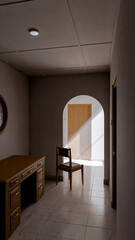 Minimalist 3D render of a quiet interior corner with chair, wooden furniture, and natural light through an archway. Perfect for concepts of solitude, design, or architectural art.