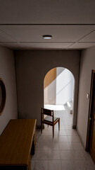 Minimalist 3D render of a quiet interior corner with chair, wooden furniture, and natural light through an archway. Perfect for concepts of solitude, design, or architectural art.