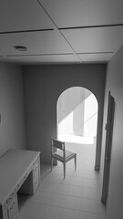 Minimalist 3D render of a quiet interior corner with chair, wooden furniture, and natural light through an archway. Perfect for concepts of solitude, design, or architectural art.