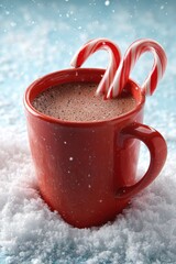 Festive Hot Chocolate with Candy Canes in Winter Snow.