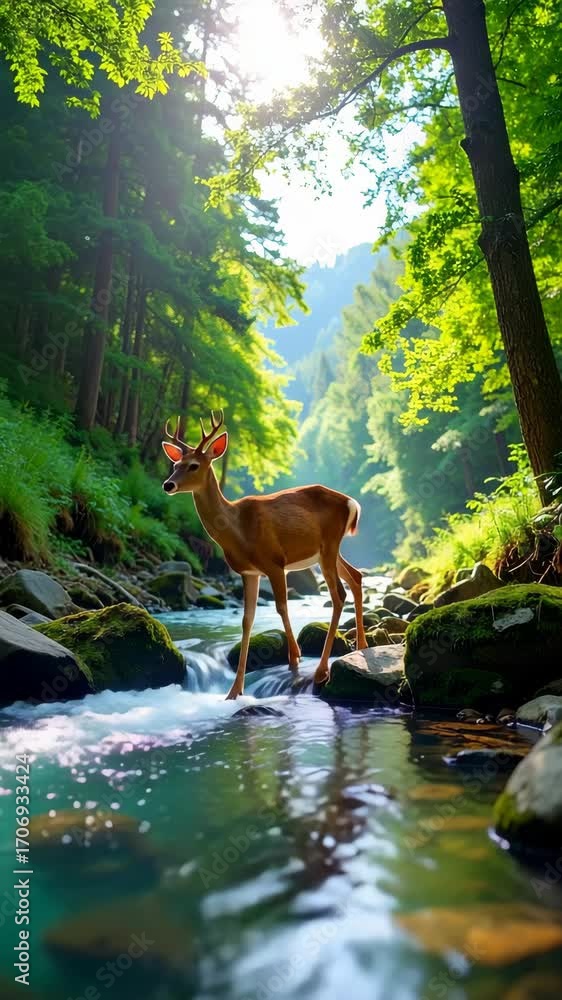 Aufkleber buck wading through clear, shallow stream in a lush, green forest with sunlight filtering through th