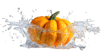 Orange pumpkin splashing in water isolated on transparent background.