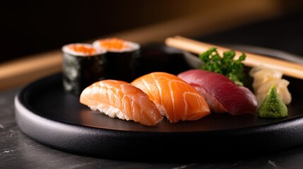 Assorted sushi platter featuring salmon, tuna, and roe on a black plate with chopsticks in a dimly lit setting