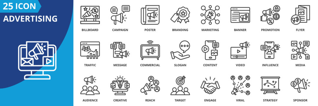 Advertising icon set collection in outline style. Icon pack contains advertising, branding, promotion, marketing, campaign, banner, poster, flyer, billboard, commercial