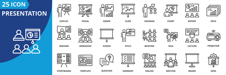 Presentation icon set collection in outline style. Icon pack contains presentation, slide, deck, chart, graph, diagram, visual, report, display, screen