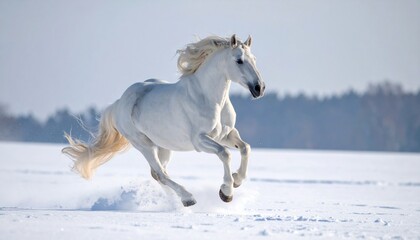 A Majestic White Horse Gallops Gracefully Through a Snowy Winter Landscape