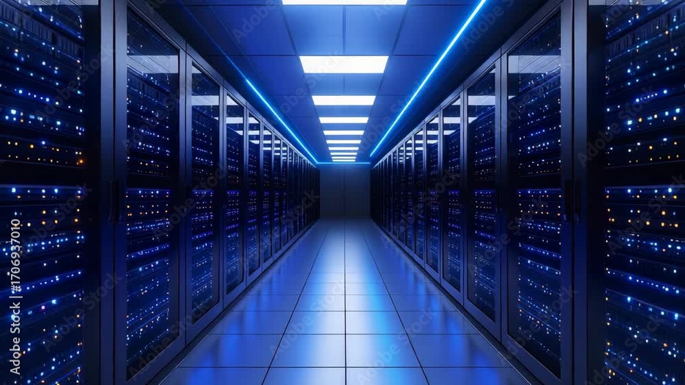 Poster futuristic server room interior with rows of computer racks and a blue illuminated corridor, represe