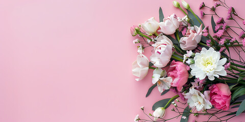 Obraz premium Delicate bouquet of fresh pink and white flowers arranged on a soft pastel background