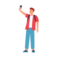 Man taking selfie photo on smartphone camera casual character posing in flat design on white background