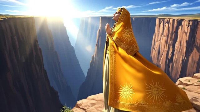 A spiritual woman in a golden shawl praying at the edge of a grand canyon during a beautiful sunrise