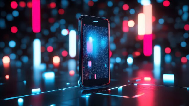 A sleek smartphone displays a vibrant, abstract design against a backdrop of colorful neon lights