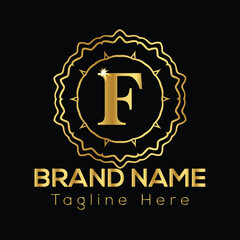 Golden letter F emblem with ornate border and brand name text on black background F letter logo
