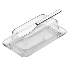 Elegant clear glass butter dish with silver knife isolated on transparent background