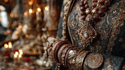 Fototapeta premium Opulent Detail: Exquisite Jewelry and Gilded Textiles in a Romantic Setting
