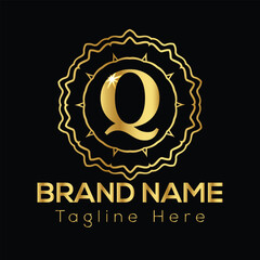 Golden letter Q emblem with ornate border and text placeholders for brand name and tagline logo