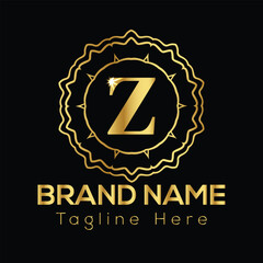 Golden letter Z logo with ornate circular frame and text placeholders for brand name and tagline