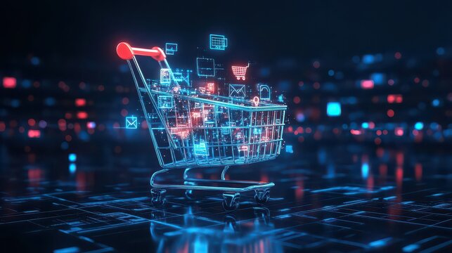 Digital shopping cart with floating icons on a futuristic surface with a blurred city background