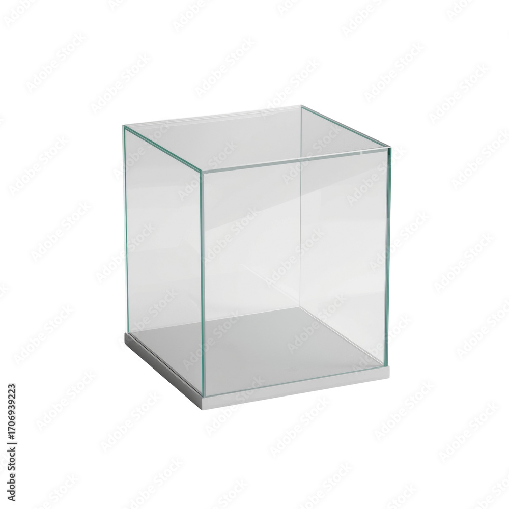Poster Elegant glass display cube for showcasing precious items with minimalist design aesthetics