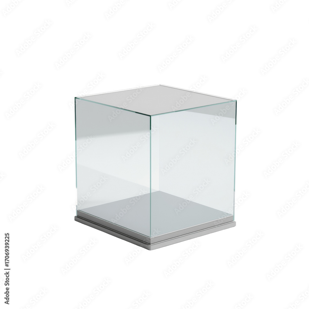 Poster illuminated glass cube display, showcasing a pristine presentation space on transparent