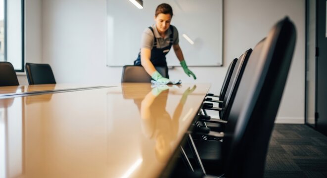 Professional cleaner sanitizing conference table in modern office for pristine workspace