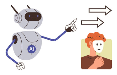 AI robot analyzing human identity symbolized by mask and arrows. Ideal for artificial intelligence, identity, technology, deepfake, fraud detection, digital ethics, future security. Simple flat