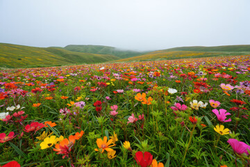 Fototapeta premium A vibrant field of wildflowers blooming beneath a cloudy sky with rolling green hills in distance