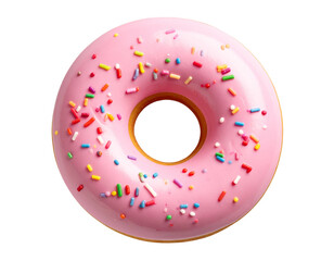  Pink Frosted Donut with Sprinkles, Top-Down Flat Lay, isolated on transparent background.