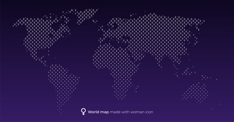 Vector illustration of a world map made with symbols or icons of women or feminisms on a purple gradient. © B. Villeda