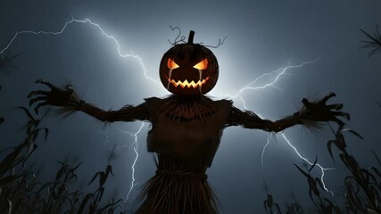 Spooky scarecrow with glowing pumpkin head in cornfield under stormy night. Great for Halloween event promotions, horror movie teasers, haunted house ads, and autumn themed projects.