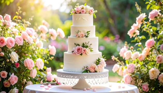 Four-tiered wedding cake adorned with delicate roses