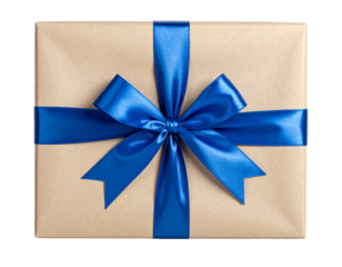 Square Gift Box with Blue Satin Ribbon Bow, Front View, isolated on transparent background