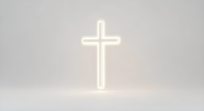 Minimal Data Cross  Thin glowing cross floating in pure white empty space.