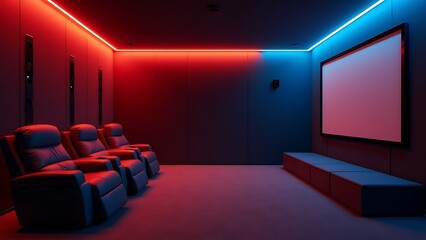 Fototapeta premium Luxurious modern home cinema room designed for ultimate immersive entertainment with comfortable seating, vibrant red and blue LED ambient lighting, and a large projection screen