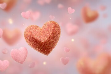 Obraz premium Sparkling pink heart with glitter surrounded by soft floating hearts.